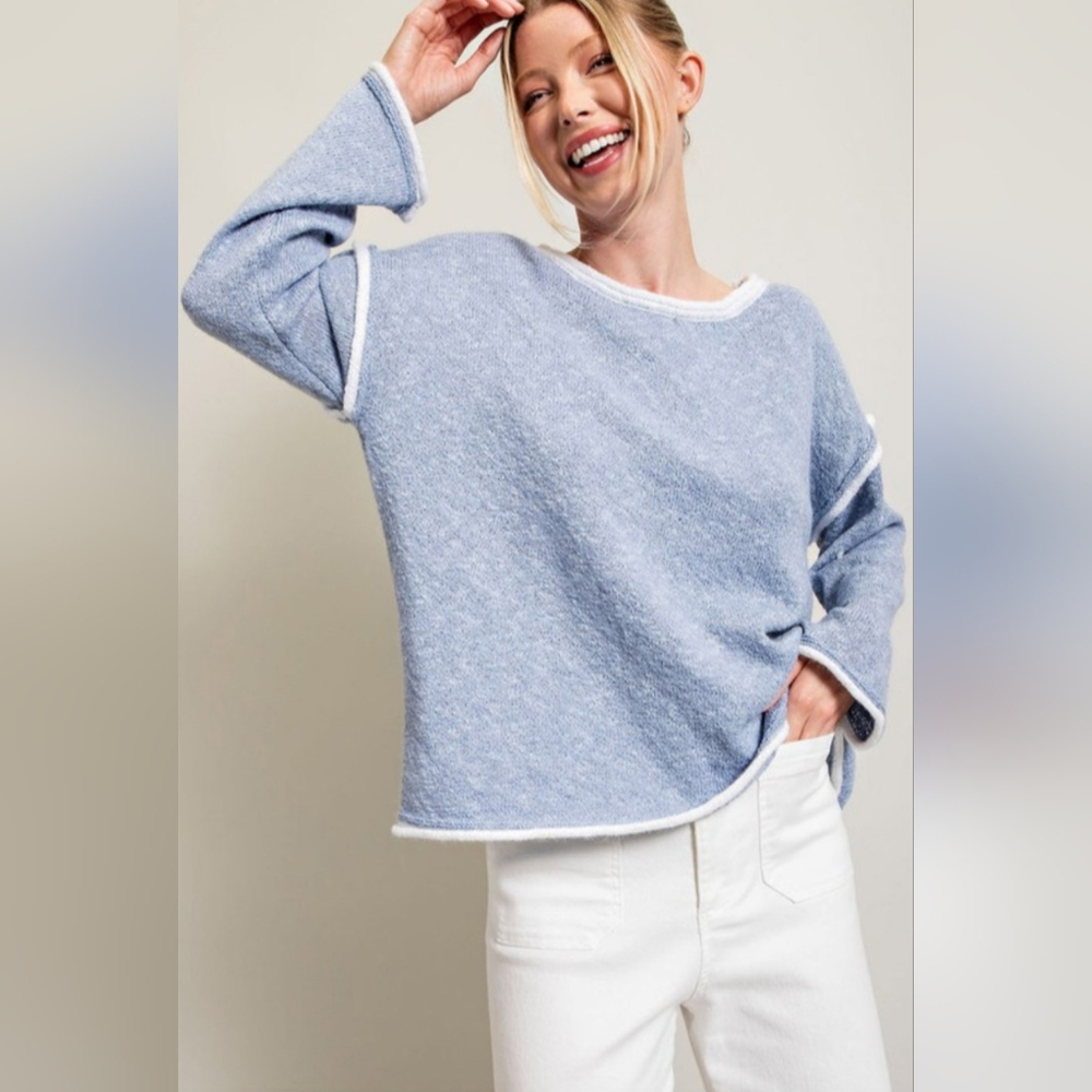 NWT, Blue Sweater, Rolled Neckline and Hem